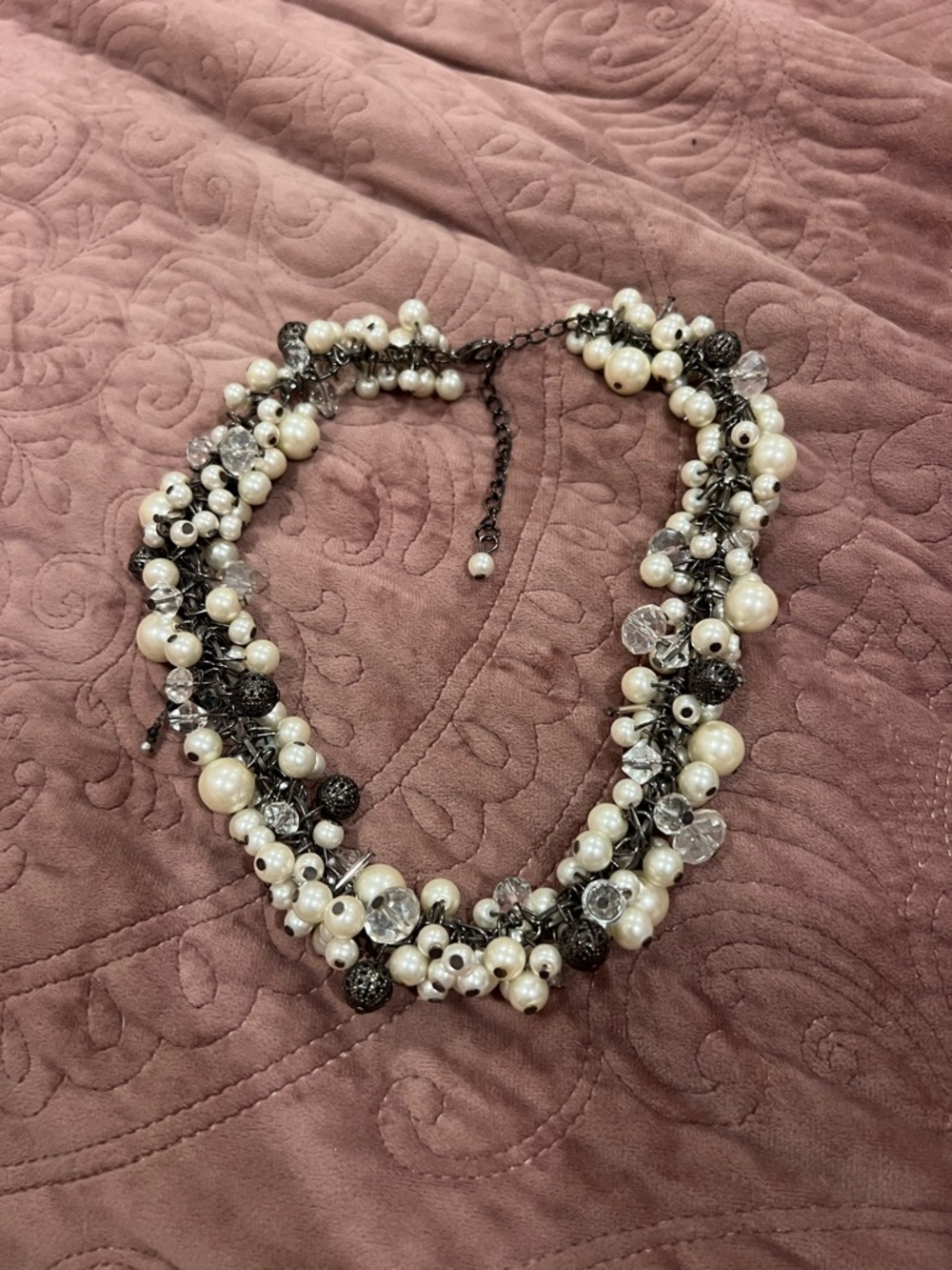 Hand Crafted Pearl & Black Crystal Cluster Necklace